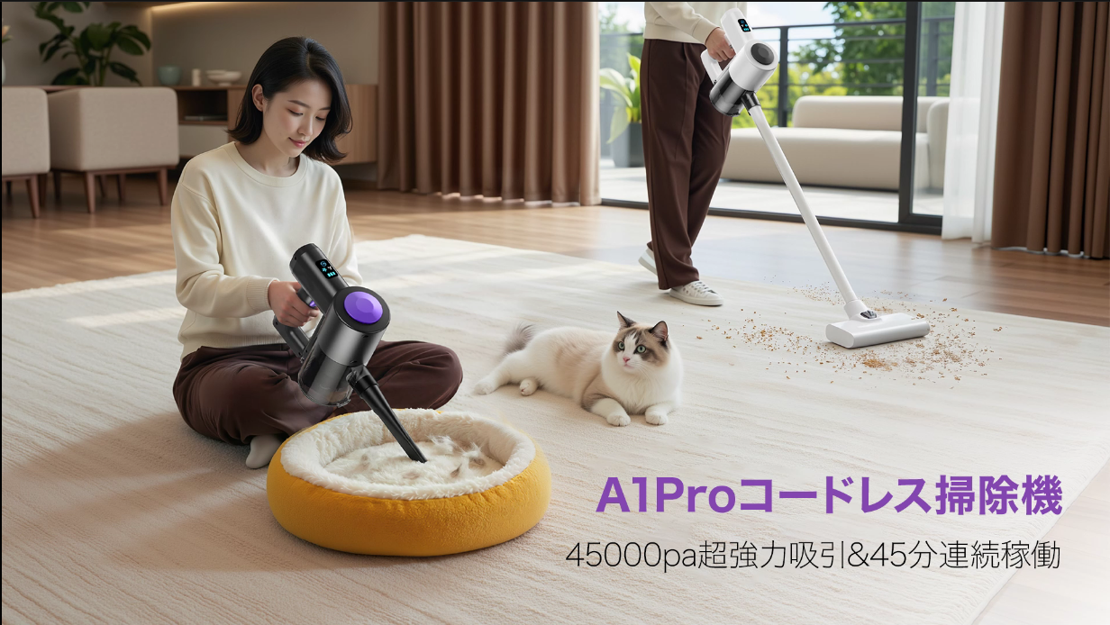 Amazon | 掃除機 コードレス 【45000Pa超強力吸引・45分連続稼働】 LED